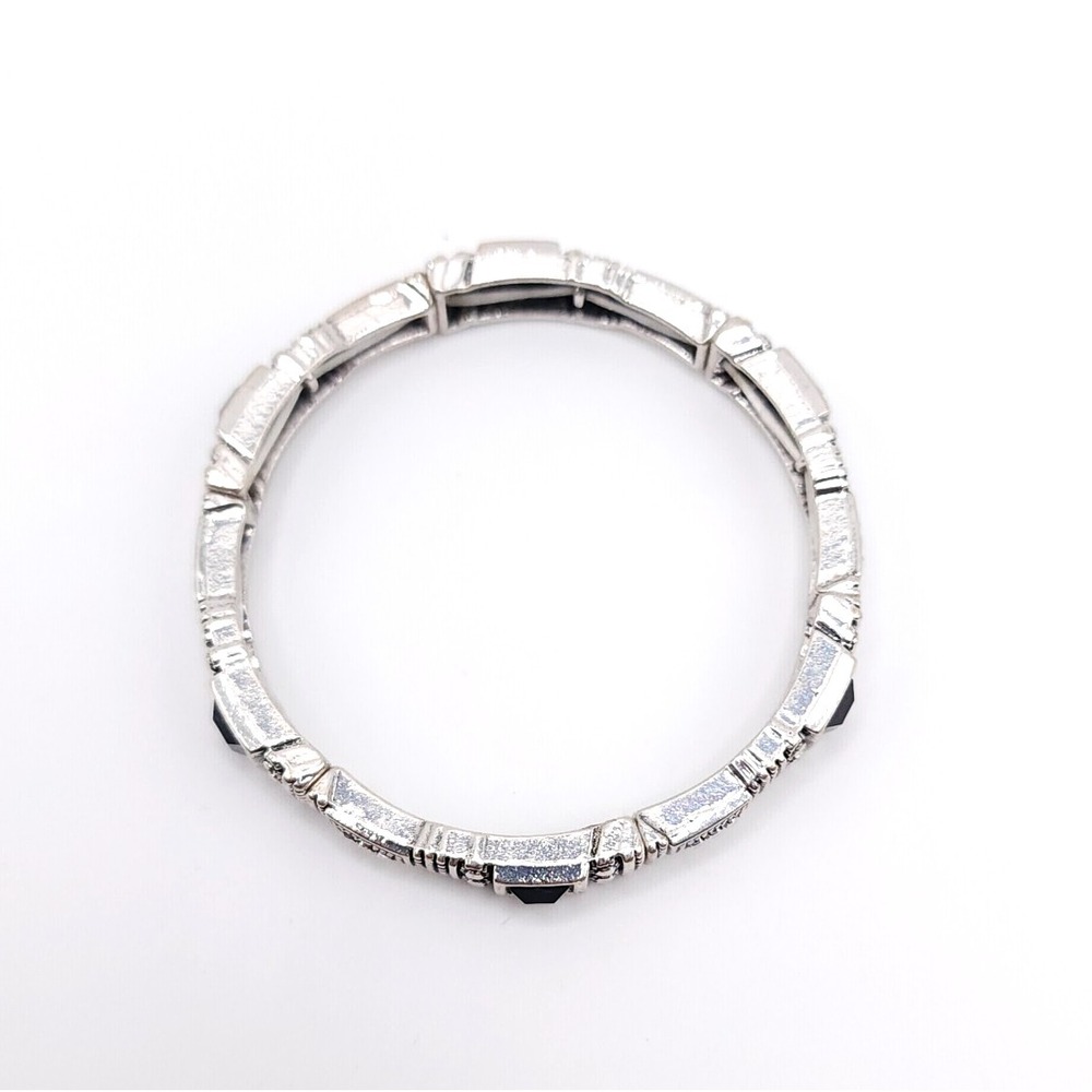 Silver Tone Art Deco Stretch Bracelet Women's Black Square Gem Vintage Style - Picture 4 of 4